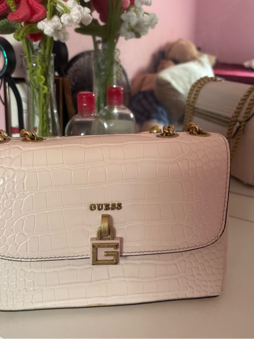 Guess Cream Croc-Embossed Chain Shoulder Bag with Gold Hardware